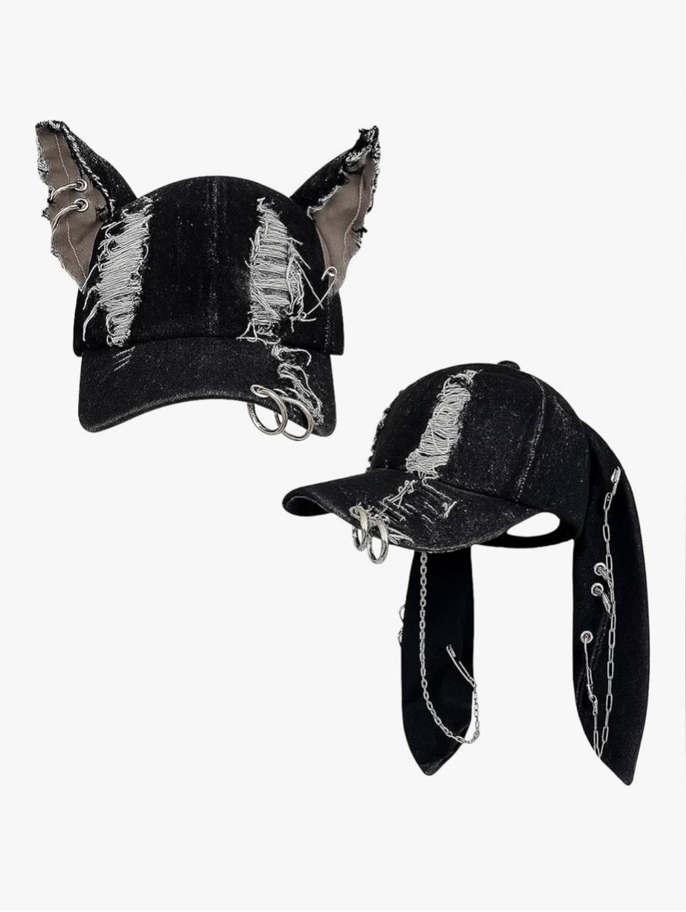 2 PACK  Distressed Ear Baseball Caps with Rings - Black